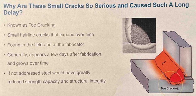 Diagram showing 'toe cracking' that could weaken the bridge over time