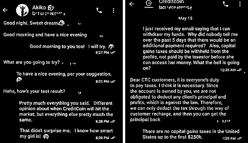 Initial flirty exchange to investor realizing he's being scammed