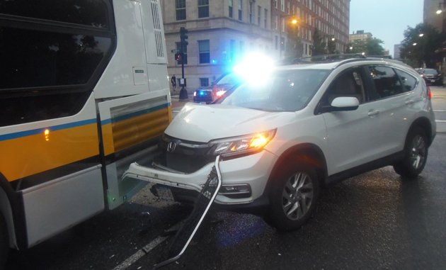 Honda CRV into the back of an MBTA bus