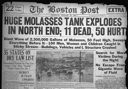 Newspaper headline reporting the Molasses Flood