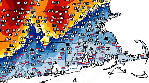 Map showing snowfall totals in southern New England, low along the cost, high further west