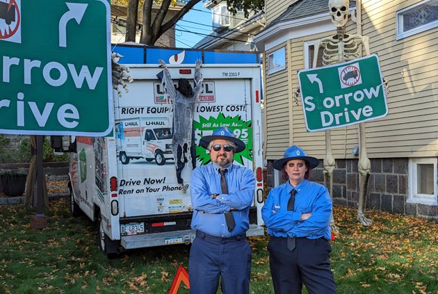 Sorrow Drive and two ghoulish staties in Roslindale