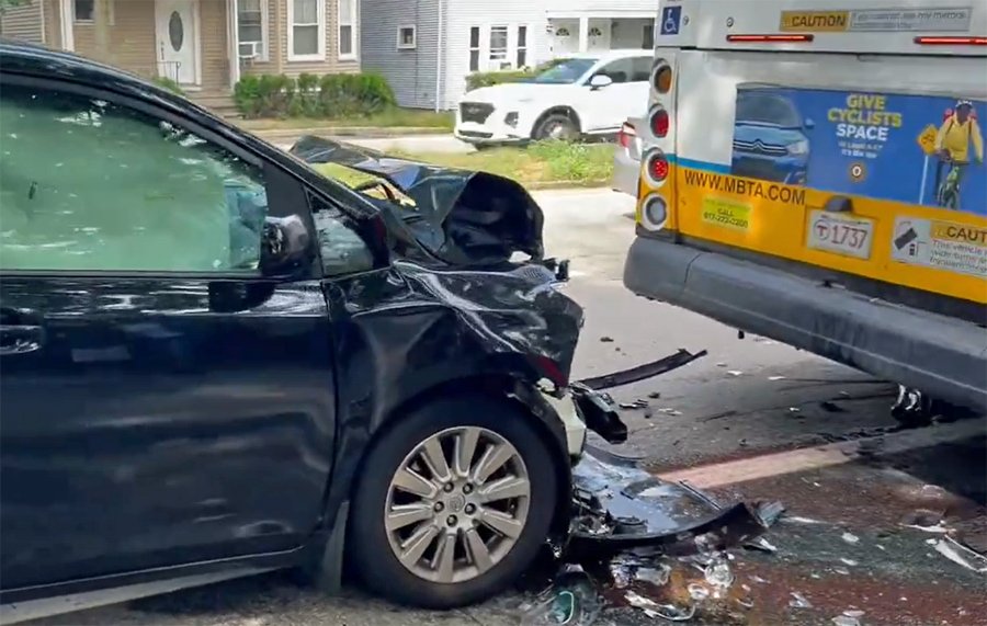 Car after collision with 60 bus