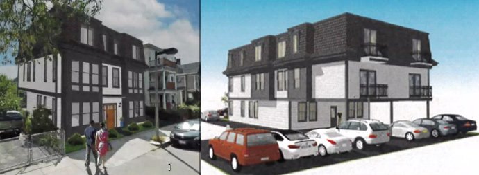 Front and rear renderings of proposed condo building