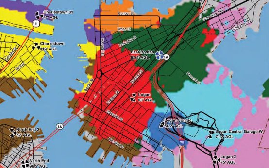 Map of East Boston Verizon cell-anntenna zones, with newest one in green