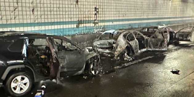 Remains of the three cars in the tunnel