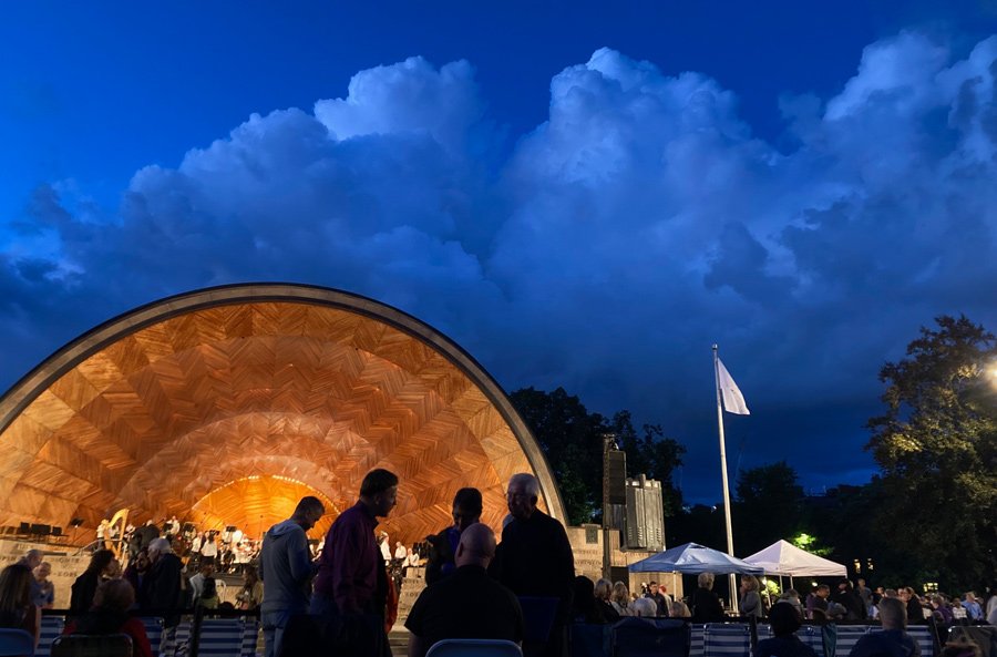 Final Landmarks Orchestra performance of the season at the Hatch Shell under ominous skies