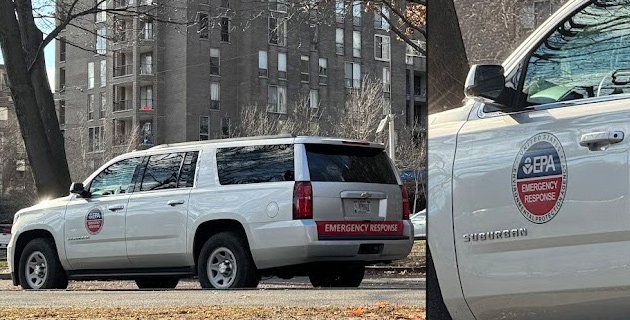 EPA emergency-response SUV at Leverett Pond in front of Brook House