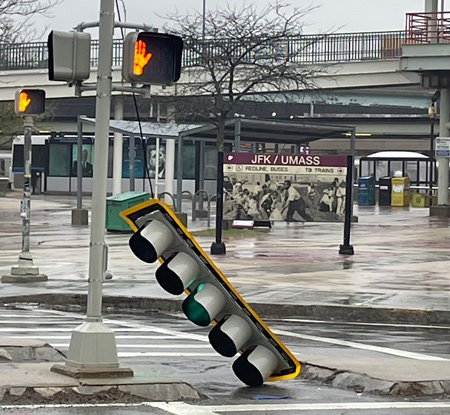 Wind knocked over traffic lights at JFK/UMass