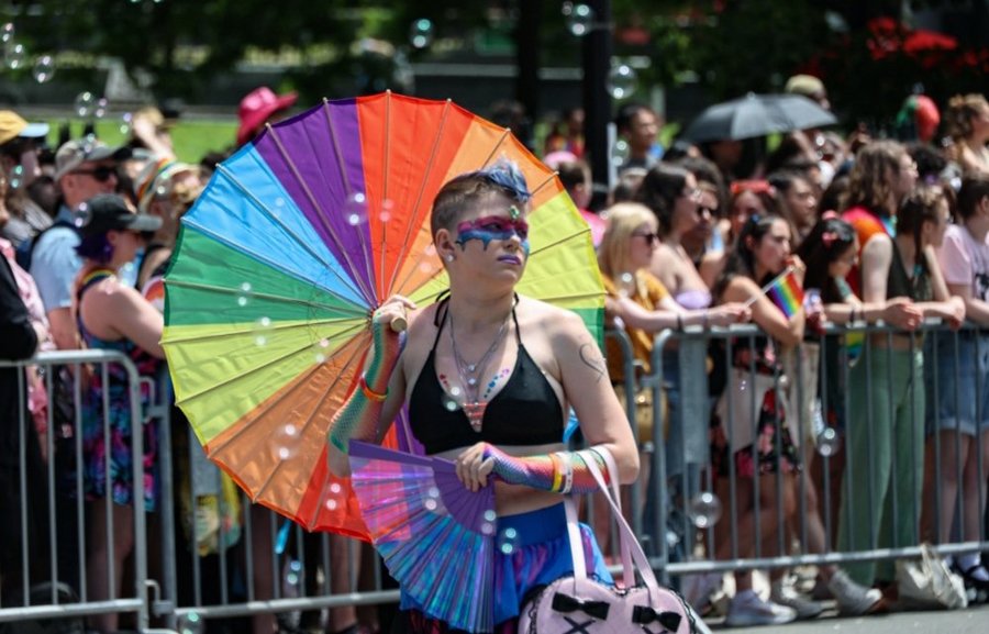 Woman with multicolored parasol