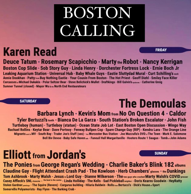 acts like Karen Read, Rosemary Scapicchio, Marty the Robot, Nancy Kerrigan, Bill Galvin's Eyebrows, Your Cousin from Boston, Smiley Face Killer, Carcasses of Michael Dukakis, Kevin's Mom from No on Question 4, Caldor, Fenway Bullpen Cop, Jesus Is Lord Guy, the Dunkings