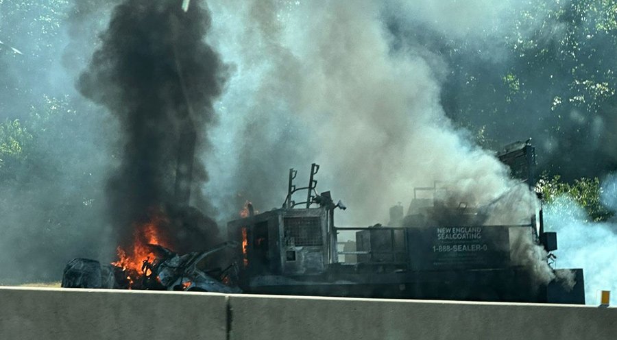 Sealcoating truck on fire