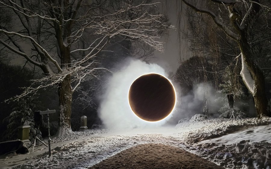 Orb in the snow at Mount Auburn Cemetery