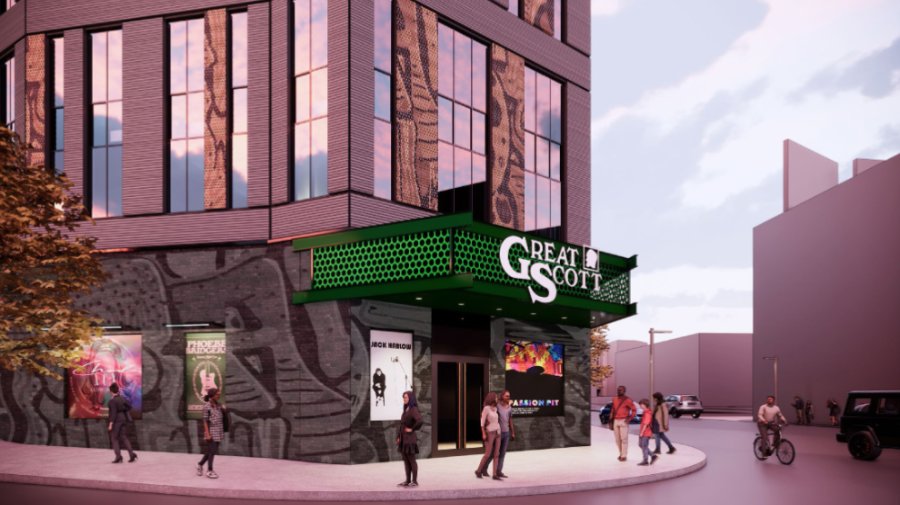 Rendering of proposed Great Scott entrance, featuring a green awning