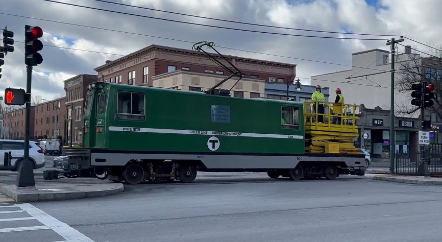 Green Line maintenance vehicle making its way up Commonwealth Avenue