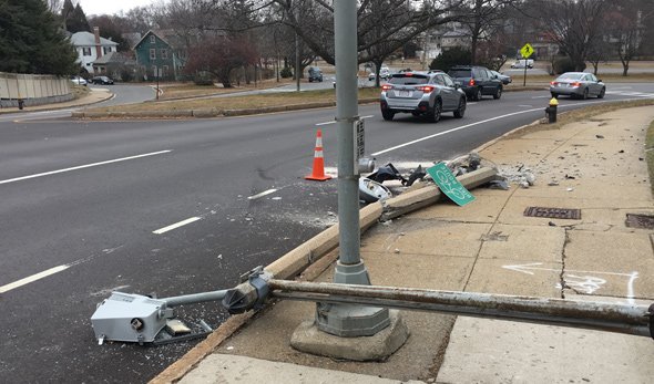 Dead light pole in Jamaica Plain