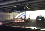 Truck stuck on Memorial Drive in Cambridge