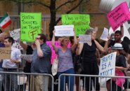 Anti-Trump protesters in front of Langham Hotel on Franklin Street