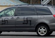 Swastikas sprayed on a minivan in a church parking lot in Jamaica Plain