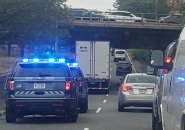 Wedged and storrowed tractor trailer on Storrow Drive