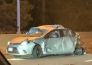 Smashed car on Massachusetts Turnpike