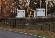 Temporary shelters under construction at Shattuck Hospital