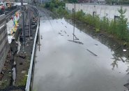 Flooded commuter rail tracks in Union Square, Somerville