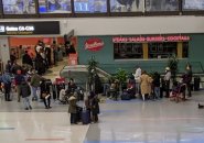 Line for a Covid-19 test at Logan Airport