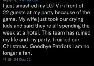 Fan says he smashed his TV after Pats loss, wife took kids to a hotel