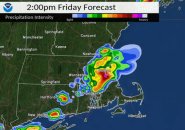 NWS forecast map showing severe weather in the Boston area around 2 p.m.