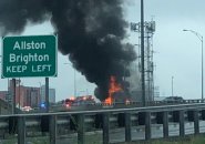 U-Haul truck on fire on the turnpike in Allston