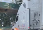 Truck almost hits pedestrian bridge on Storrow Drive