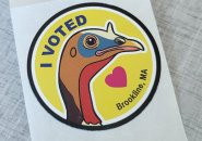 Brookline voter stickers feature a turkey