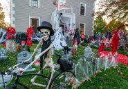 Skeletons and other Halloween creatures on Appleton Street in Cambridge