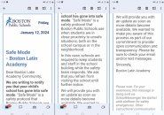 Screen captures of message about safe mode at Boston Latin Academy