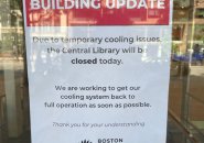 Sign on door at central library saying it's shut due to cooling issues