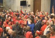 Councilors with UNITE HERE 26 members in Council chambers