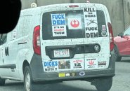 Truck with Rebel Alliance, Confederate stickers on I-93