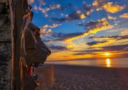 Revere Beach concrete lion watches the sunrise