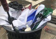 Umbrellas in the trash in Copley Square