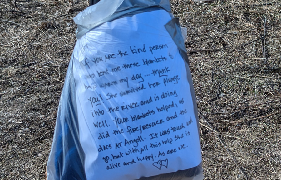 Blankets in a bag tied to a pole at the start of a path that thank the lender for helping save their dog