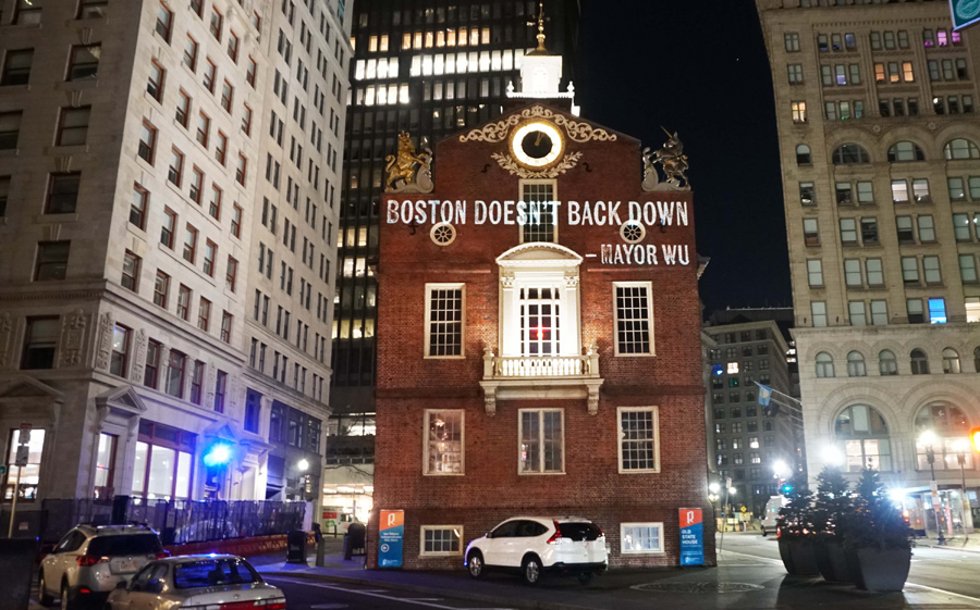 Message on Old State House: Boston doesn't back down