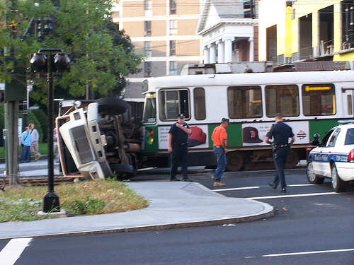 Truck on its side in Brookline