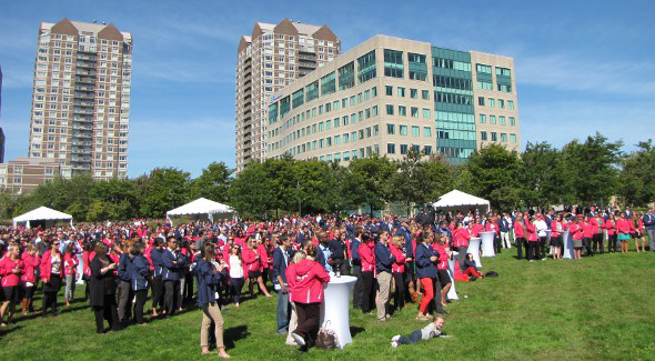 EF employees at groundbreaking, in front of current building