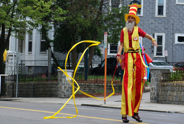 Ribbon guy on stilts in Dorchester Day parade