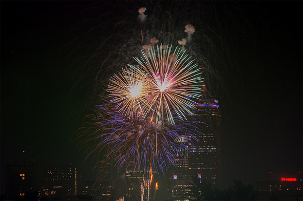 Fireworks between the towers of two bridges | Universal Hub