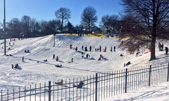 Sledders at Fallon Field in Roslindale