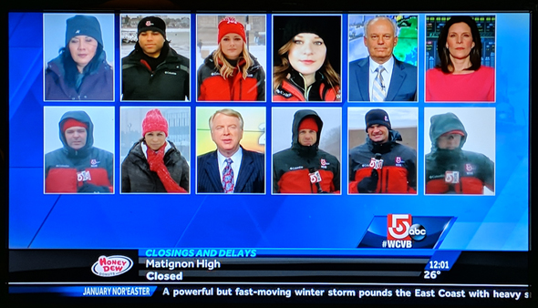 12 reporters and weather people on a screen