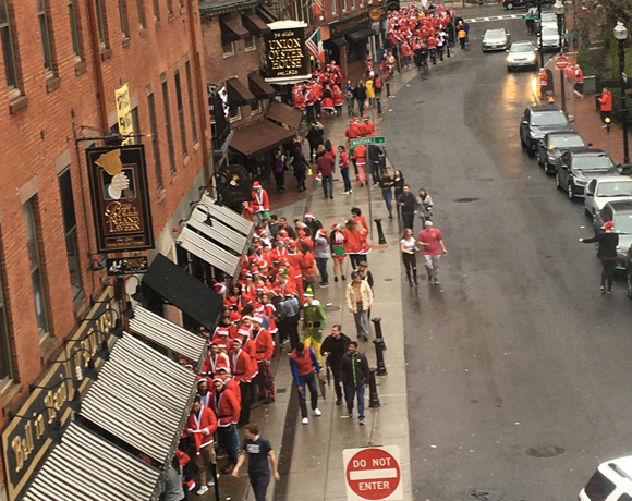 Santas at bars in downtown Boston