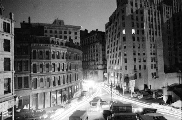 Darkened downtown buildings